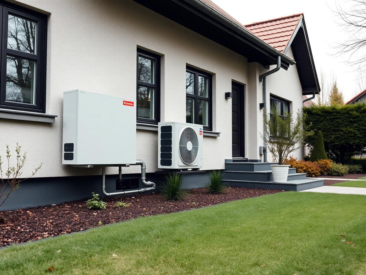 Wärmepumpe an einem sanierten Wohnhaus